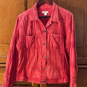 EUC Christopher & Banks Red Lightweight Denim Embroidered Textured Jean Jacket